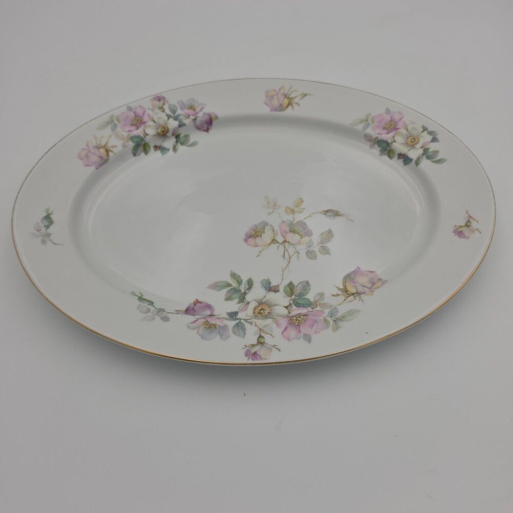 Vintage Heinrich H&Co Selb Bavaria Germany 12" Oval Serving Platter Wild Rose